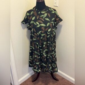 2 FOR $20 Joteisy Ruffle Short Sleeve Tiered Mini Dress Black Leaf Print Fall M